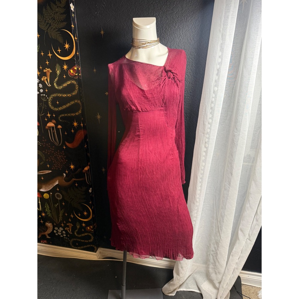 Max Studio Silk Crinkle Mesh Overlay Midi Dress Burgundy Wine Red Size L